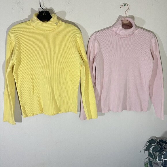Ralph Lauren Turtleneck Sweater Womens XL Ribbed Knit Stretch 2 Lots Pink Yellow - Picture 1 of 5